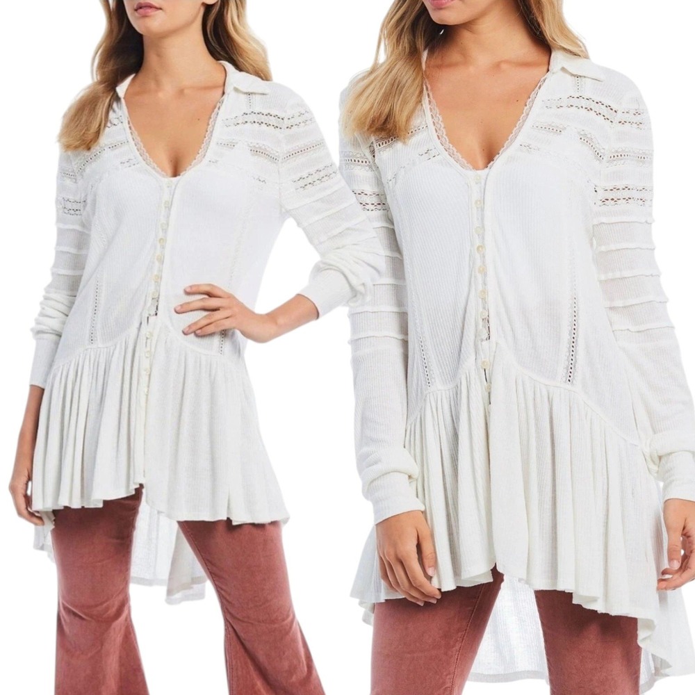 Free People Lace Peplum Tunic Top Medium Ivory Boho Peasant Cottagecore
